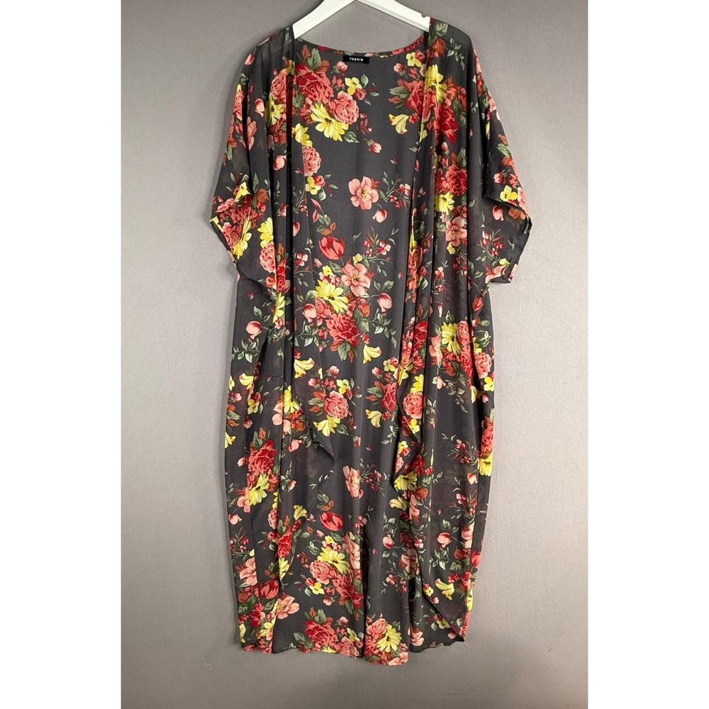 Torrid Floral Long Kimono Women 3x Gray Short Sleeve Boho Feminine Layering